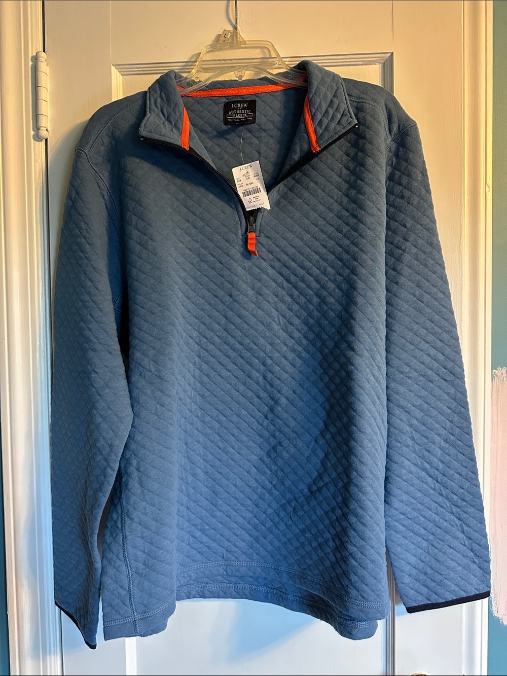J. Crew Slate Blue Quilted Half-Zip Pullover with Orange Trim